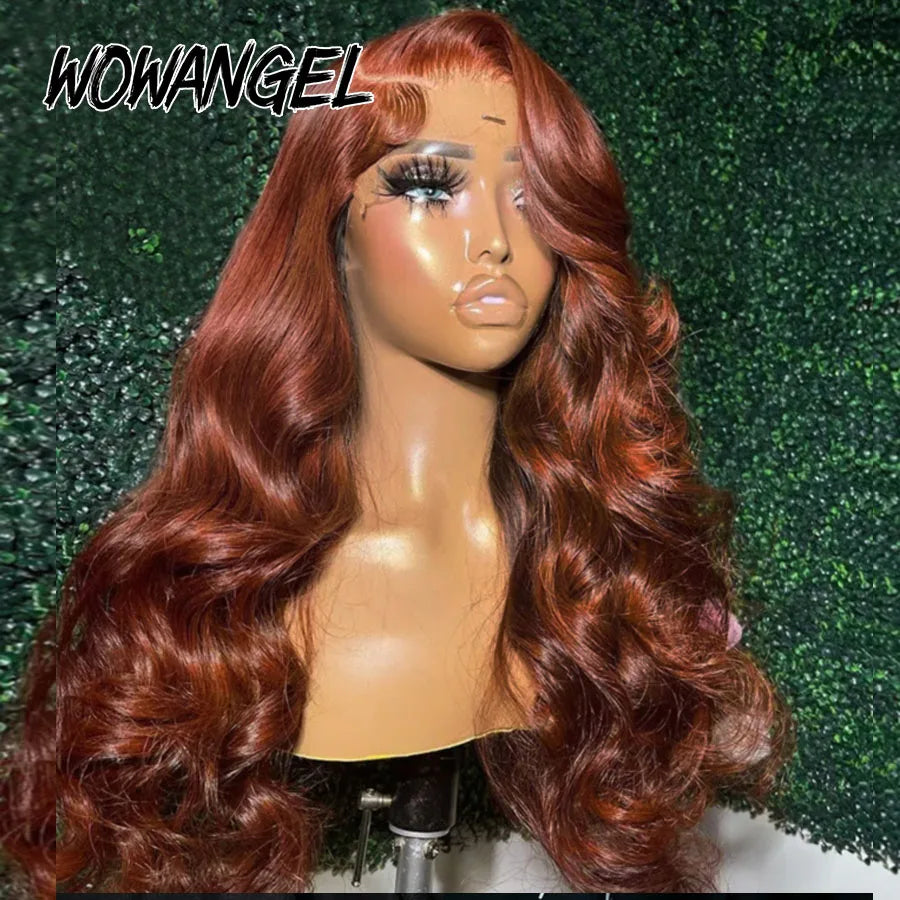 Perruques Body Wave 30 pouces, perruques frontales en dentelle HD 13x6, perruques de couleur brun rougeâtre, perruques frontales en dentelle transparente HD prédécoupées
