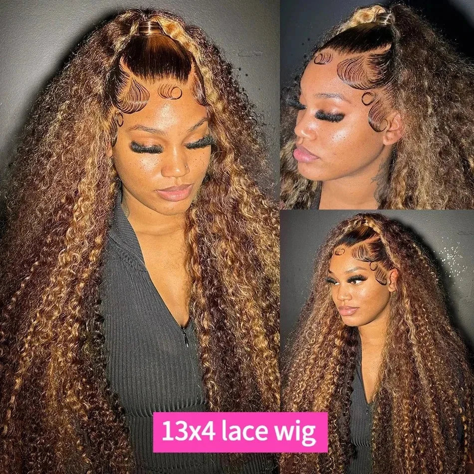Perruque de cheveux humains bouclés avec dentelle frontale, 30 pouces, effet ondulé, brun, ombré, HD, 427