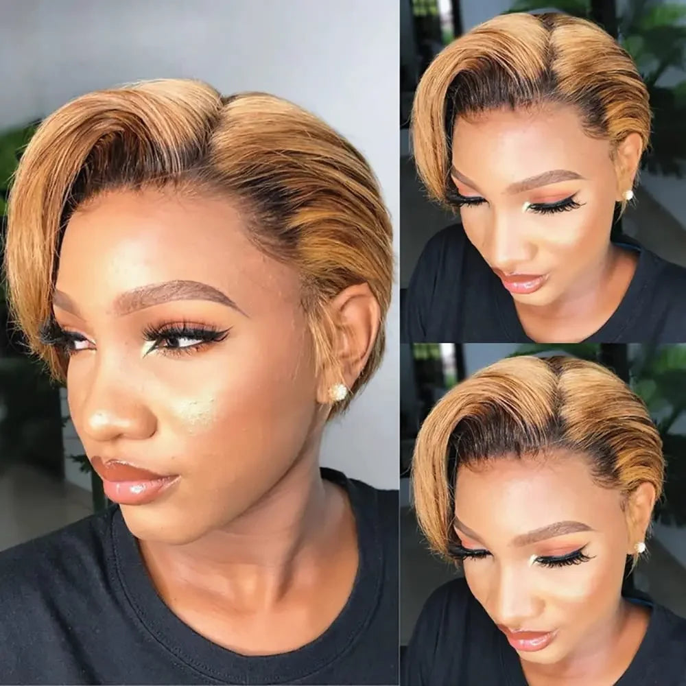 Perruque courte coupe Pixie, cheveux humains, coupe Bob, dentelle transparente, raie sur le côté, pour femmes, 13x4