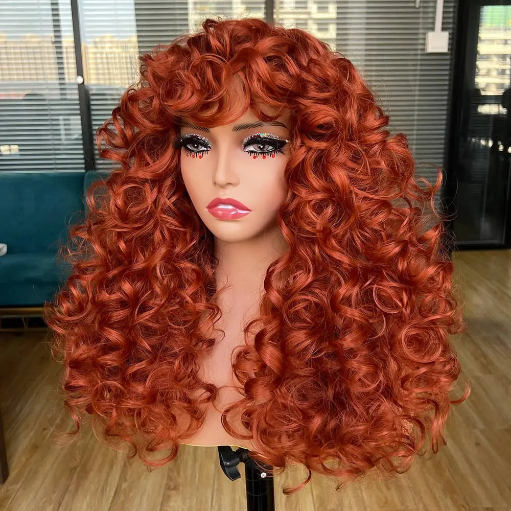 Perruque synthétique longue et bouclée avec frange pour femme, cheveux roux roux, style naturel, résistant à la chaleur, style cosplay, Hihoo