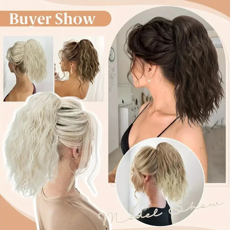 Extension capillaire synthétique courte ondulée de 35 cm, queue de cheval blonde et brune, à clipser, pour femme