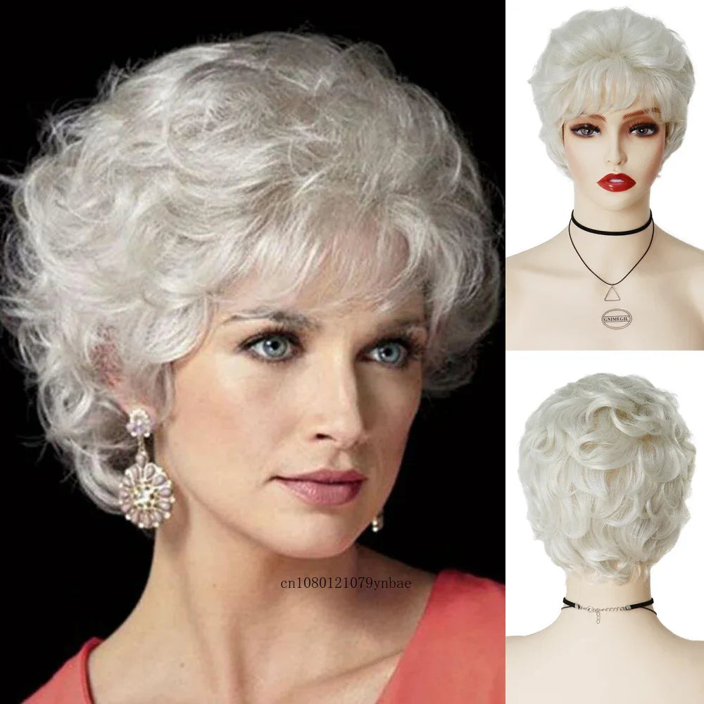 Perruques de vieille dame pour femmes, perruque synthétique blanche de grand-mère avec frange, perruque courte bouclée coupe lutin, costume quotidien résistant à la chaleur