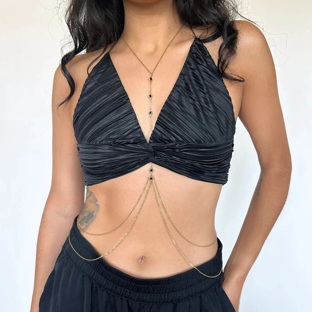 Rave – Chaîne de soutien-gorge ronde noire en cristal pour femme, accessoire de corps, simple, strass, sexy, chaîne de poitrine, lingerie, bijoux de fête, 2024