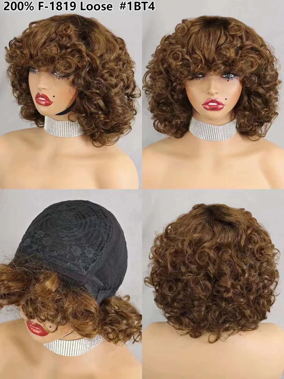Perruques de cheveux humains bouclés et rebondissants bordeaux 99J #, densité 200 %, avec frange, courtes, bouclées et lâches, fabriquées à la machine, pré-épilées pour femmes