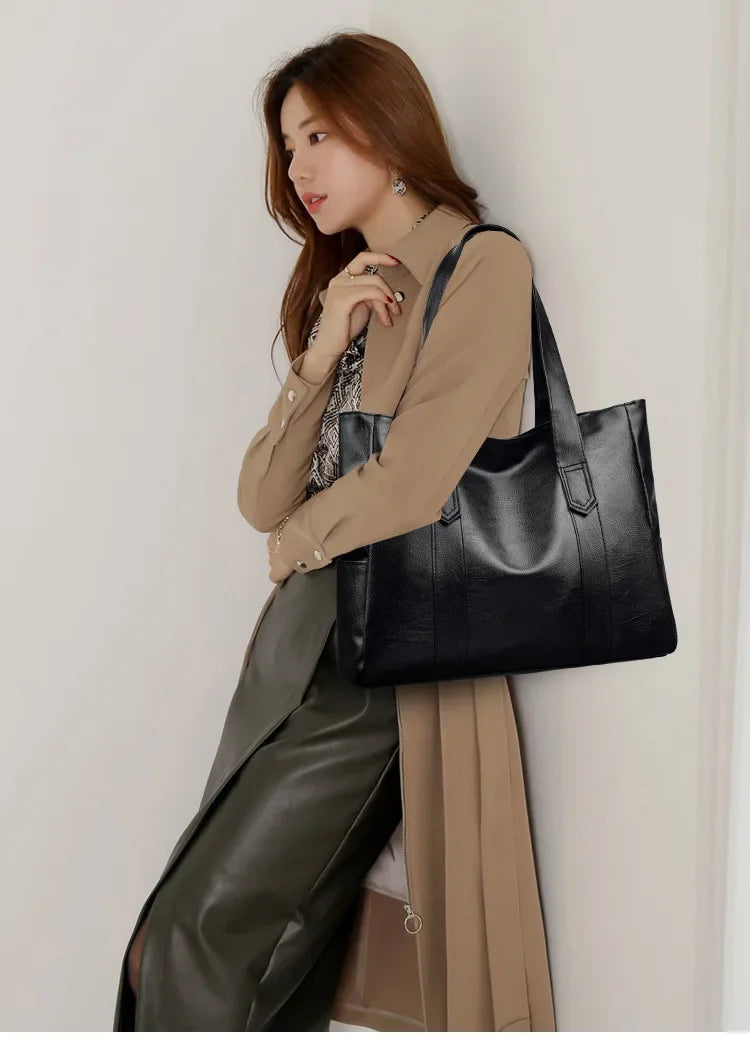 Grand sac cartable en cuir souple pour femme, classique, couleur unie, simple, décontracté, grande capacité, fourre-tout, sac à bandoulière simple