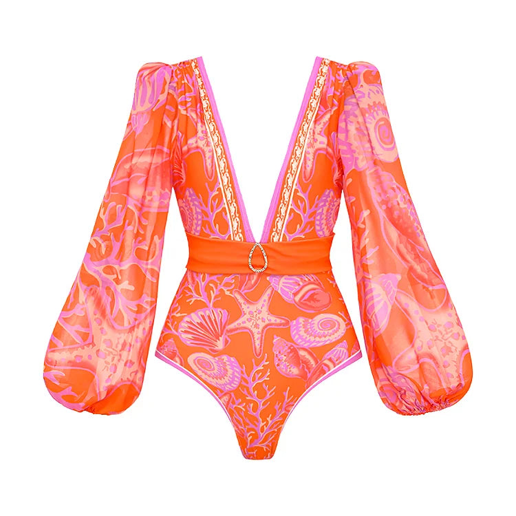 Maillot de bain une pièce à manches longues et jupe pour femme, imprimé vert jungle, 2025