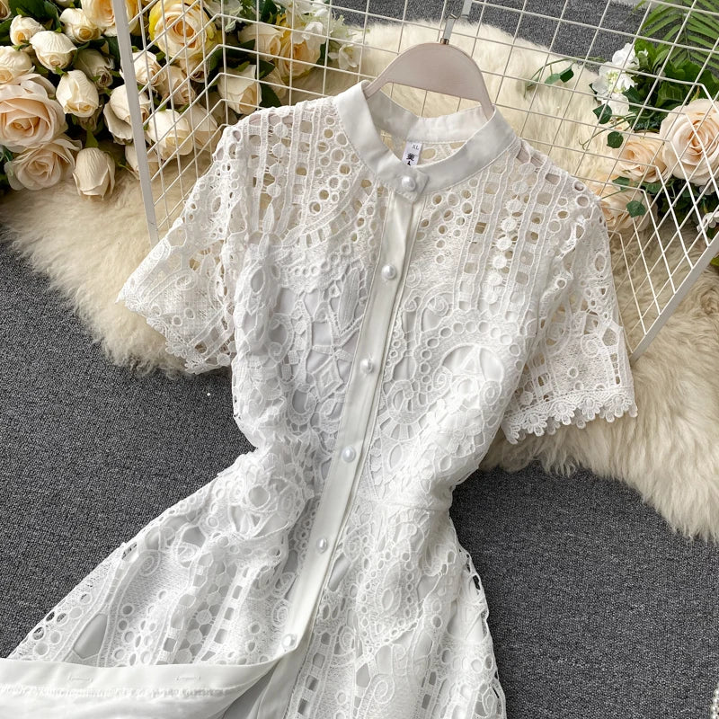 Robe vintage française en dentelle à col rond et manches courtes, style décontracté, à la mode, printemps/été