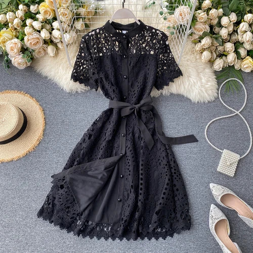 Robe vintage française en dentelle à col rond et manches courtes, style décontracté, à la mode, printemps/été