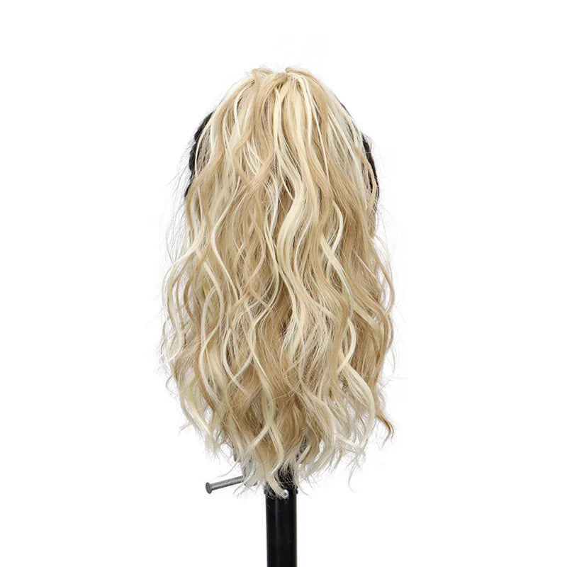 Extension capillaire synthétique courte ondulée de 35 cm, queue de cheval blonde et brune, à clipser, pour femme