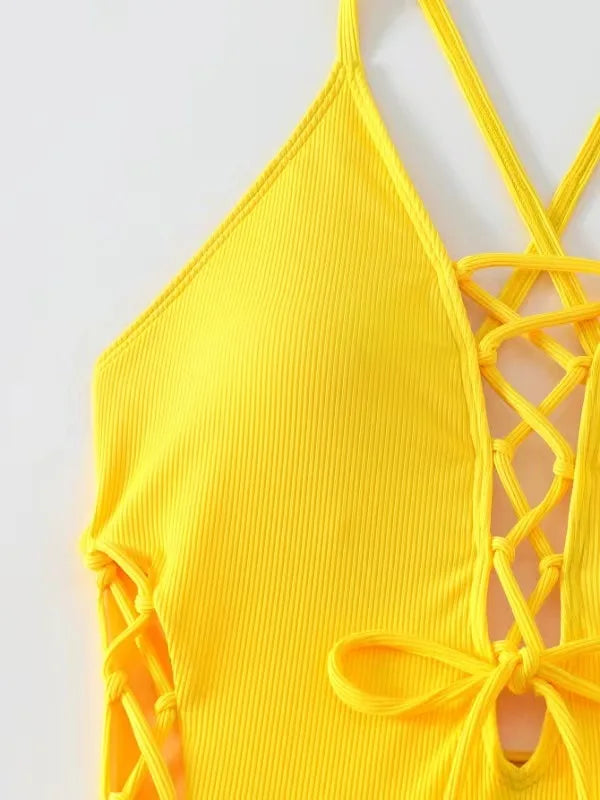 Aoaiiys Maillot de bain dos nu pour femme, monokini ajouré, lacé, string sexy, été 2025, plage, couleur unie, tendance