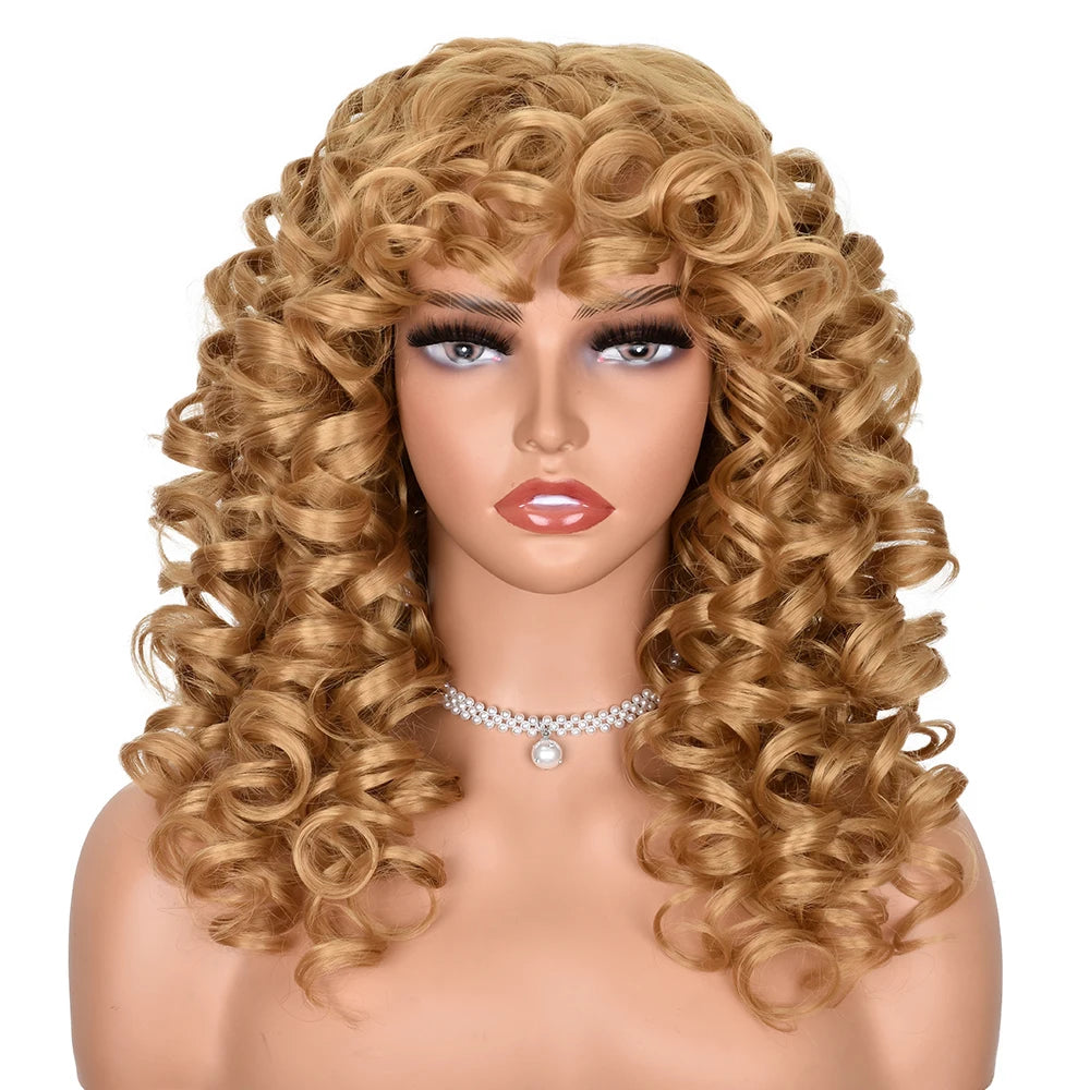 Perruque synthétique longue et bouclée avec frange pour femme, cheveux roux roux, style naturel, résistant à la chaleur, style cosplay, Hihoo