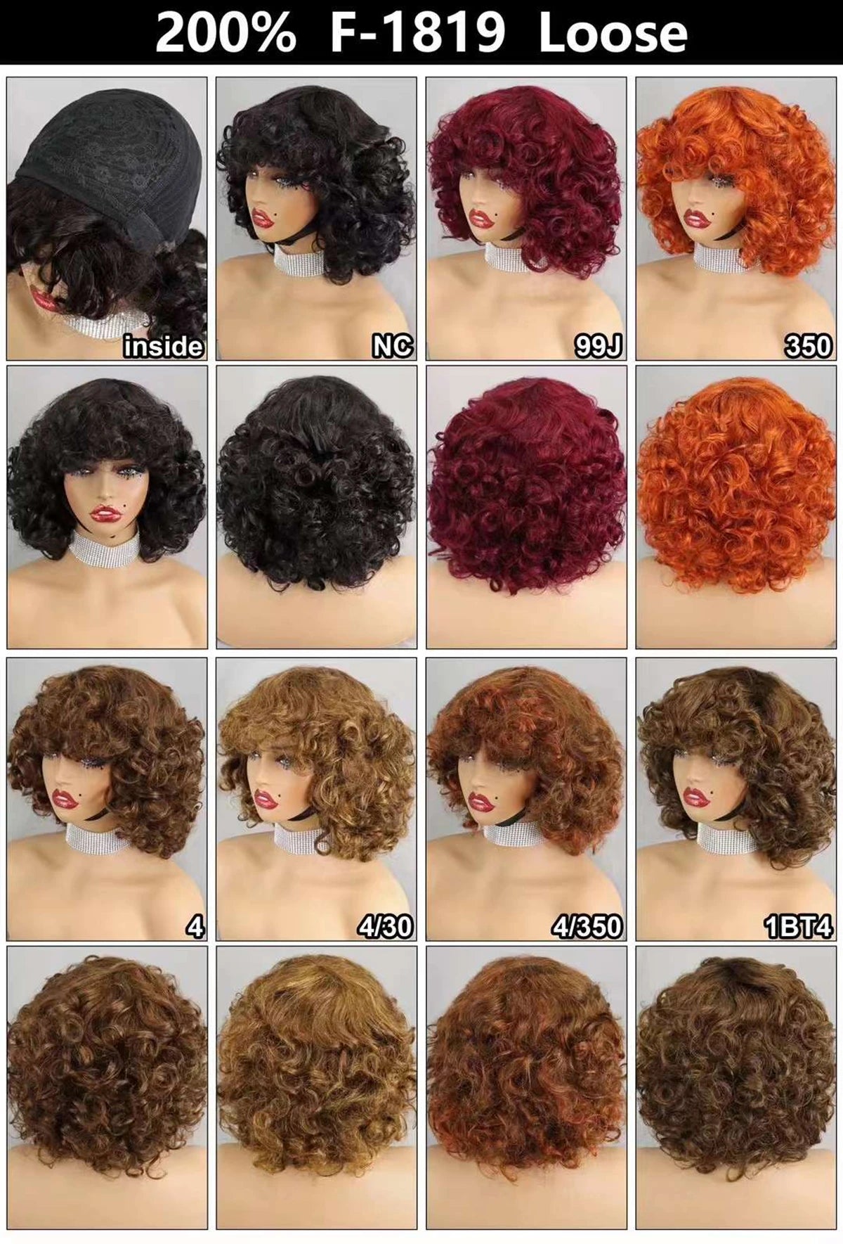 Perruques de cheveux humains bouclés et rebondissants bordeaux 99J #, densité 200 %, avec frange, courtes, bouclées et lâches, fabriquées à la machine, pré-épilées pour femmes