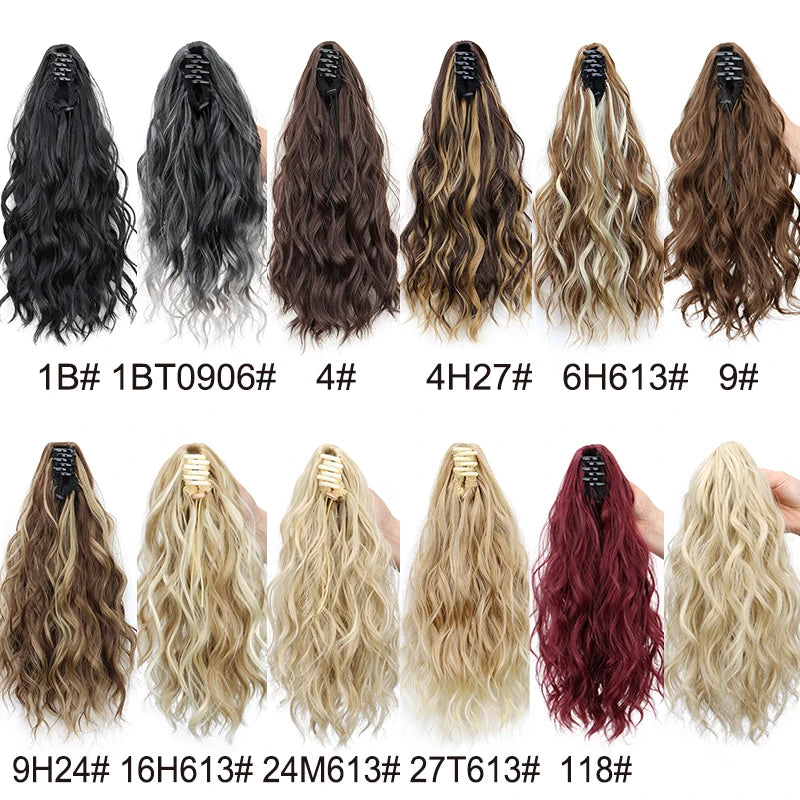 Extension capillaire synthétique courte ondulée de 35 cm, queue de cheval blonde et brune, à clipser, pour femme