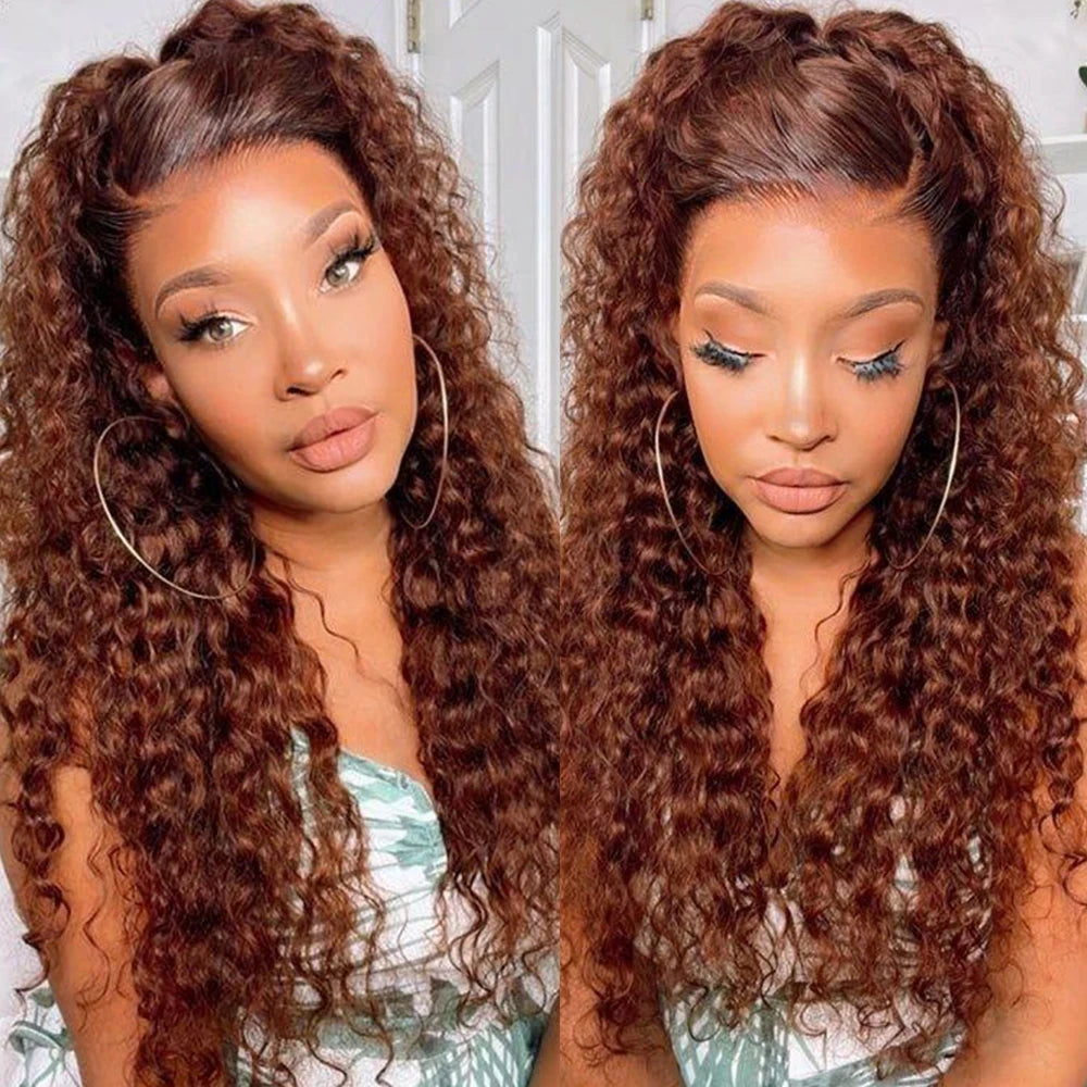 Perruque Lace Frontal Wig 220 % Deep Wave sans colle, cheveux humains bouclés, brun rougeâtre, 13x4, 7x5, pré-épilée, pré-coupée, pour femmes