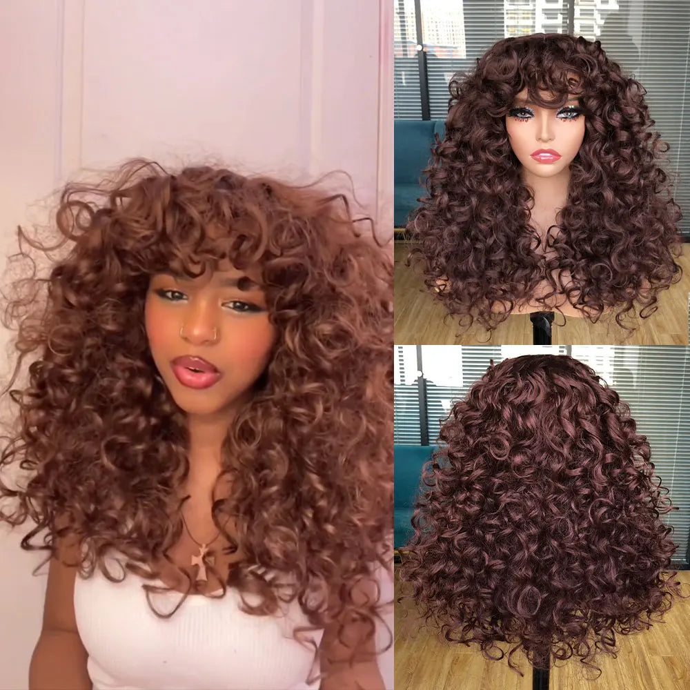 Perruque synthétique longue et bouclée avec frange pour femme, cheveux roux roux, style naturel, résistant à la chaleur, style cosplay, Hihoo