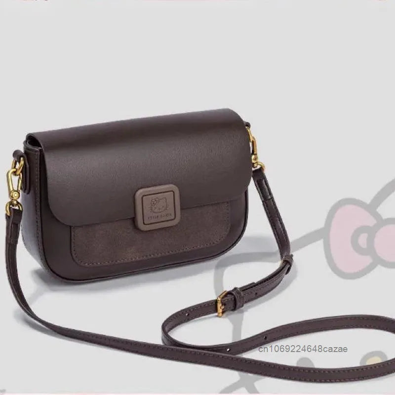 Sanrio Hello Kitty 2025 Nouveau sac à main carré en cuir souple pour femme, petit sac à main polyvalent de luxe marron clair