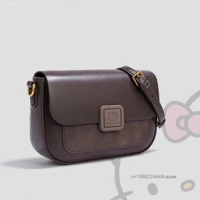 Sanrio Hello Kitty 2025 Nouveau sac à main carré en cuir souple pour femme, petit sac à main polyvalent de luxe marron clair