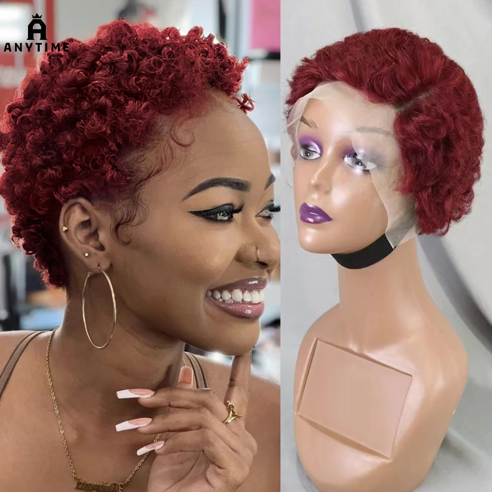 Perruques de cheveux humains bouclés avec dentelle frontale 13x4, coupe Pixie courte, couleur 99J, densité 180 % pour femmes noires