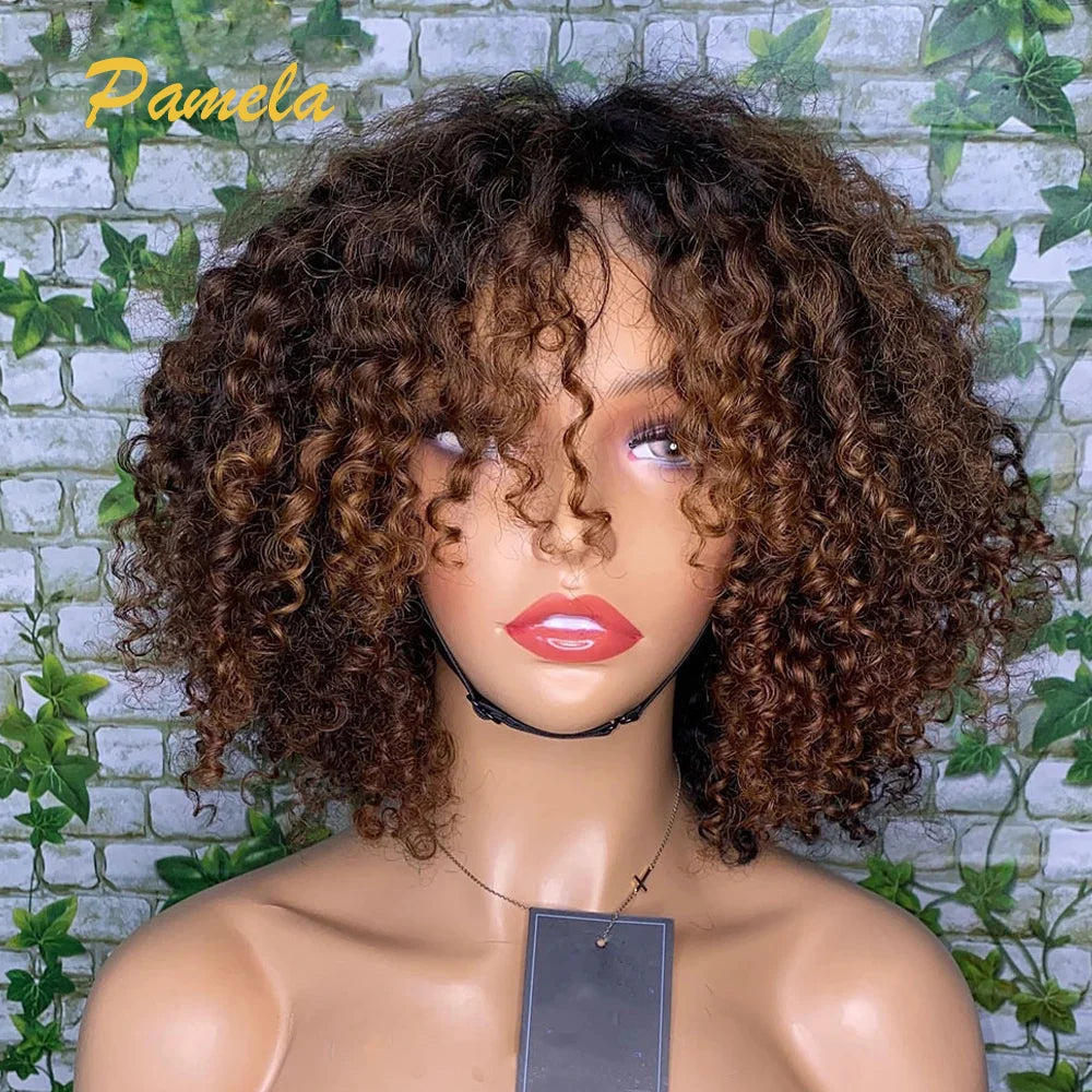 Perruques de cheveux humains courts bouclés sans colle, blond ombré, densité 250 %, perruques de princesse prêtes à porter avec dentelle frontale