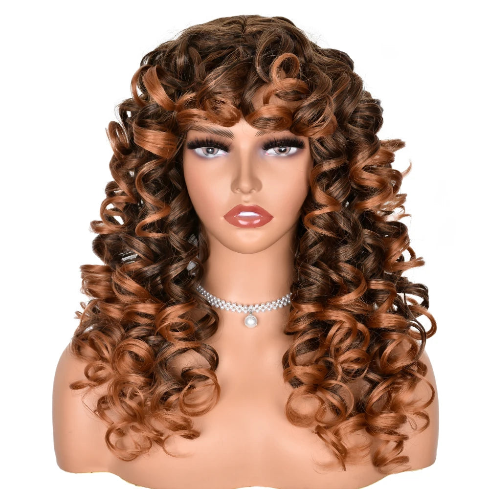 Perruque synthétique longue et bouclée avec frange pour femme, cheveux roux roux, style naturel, résistant à la chaleur, style cosplay, Hihoo