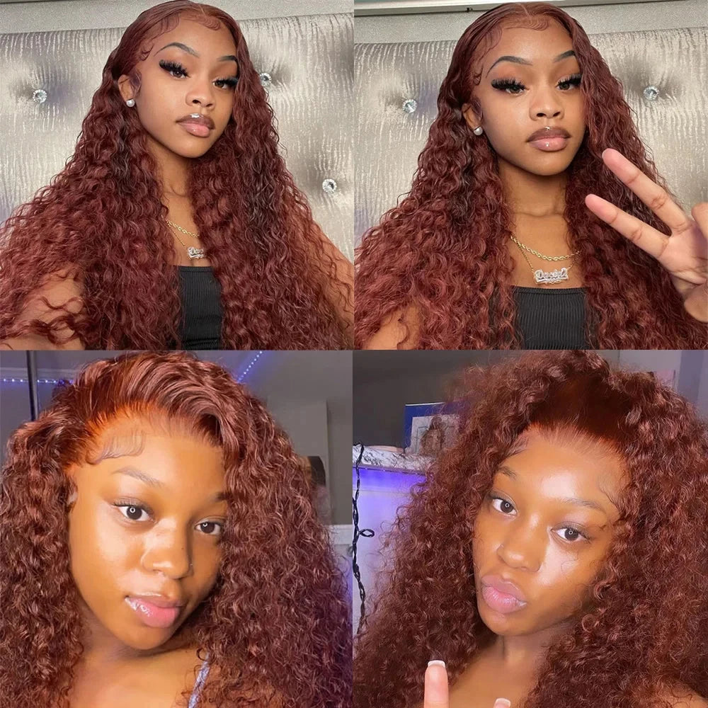 Perruque Lace Frontal Wig 220 % Deep Wave sans colle, cheveux humains bouclés, brun rougeâtre, 13x4, 7x5, pré-épilée, pré-coupée, pour femmes