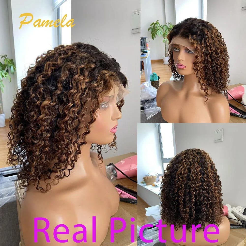 Perruques de cheveux humains courts bouclés sans colle, blond ombré, densité 250 %, perruques de princesse prêtes à porter avec dentelle frontale