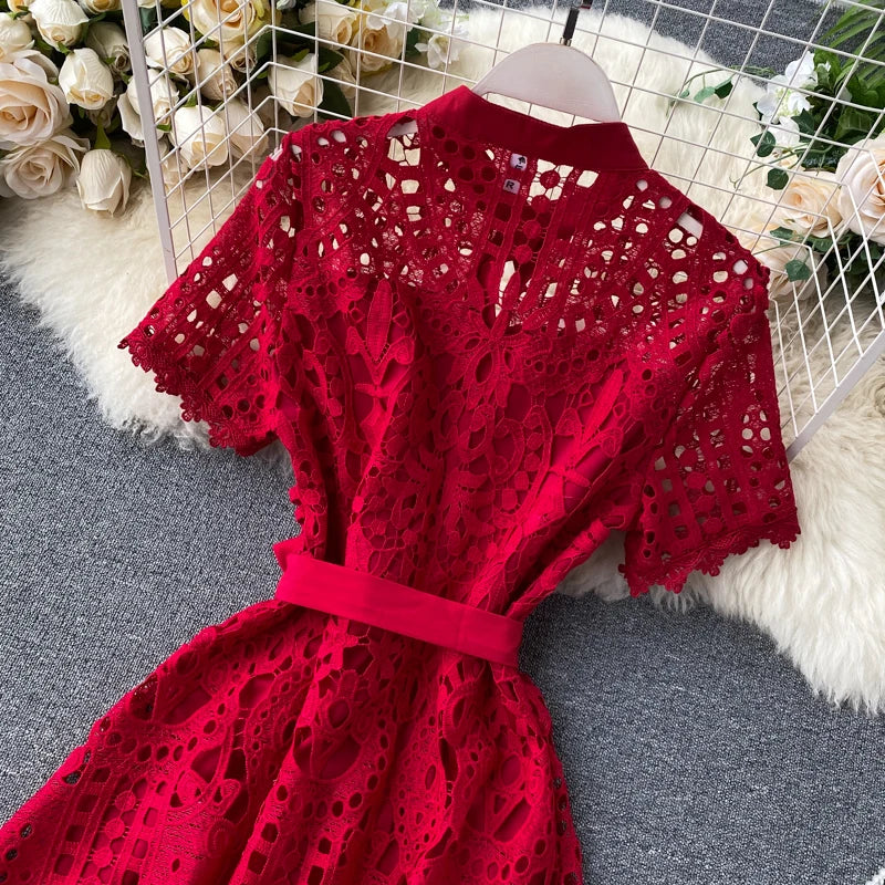 Robe vintage française en dentelle à col rond et manches courtes, style décontracté, à la mode, printemps/été