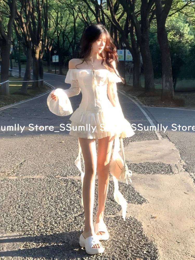 Robe une pièce à épaules dénudées pour femme, élégante, sexy, slim, tenue de soirée, style coréen chic, nouveauté 2025