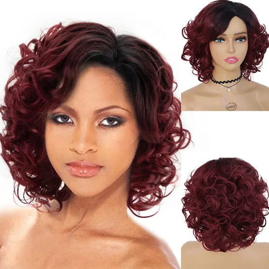 Perruque synthétique afro GNIMEGIL, perruques bouclées crépues pour femmes noires, coiffure courte, perruque ombrée rouge vin, racine foncée, cheveux doux, perruque Bob
