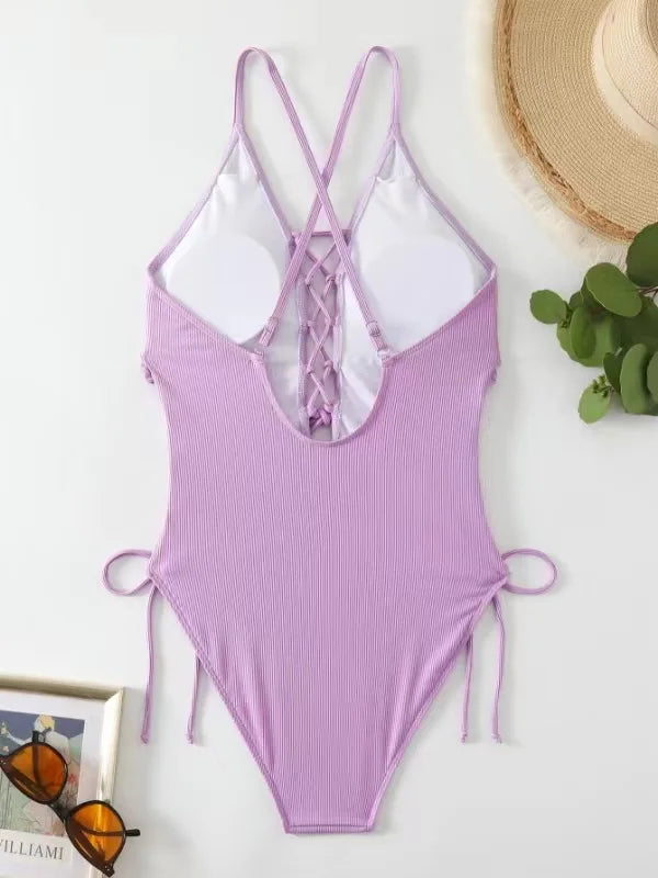 Aoaiiys Maillot de bain dos nu pour femme, monokini ajouré, lacé, string sexy, été 2025, plage, couleur unie, tendance