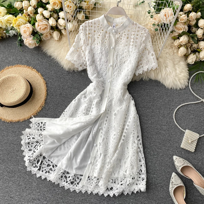 Robe vintage française en dentelle à col rond et manches courtes, style décontracté, à la mode, printemps/été