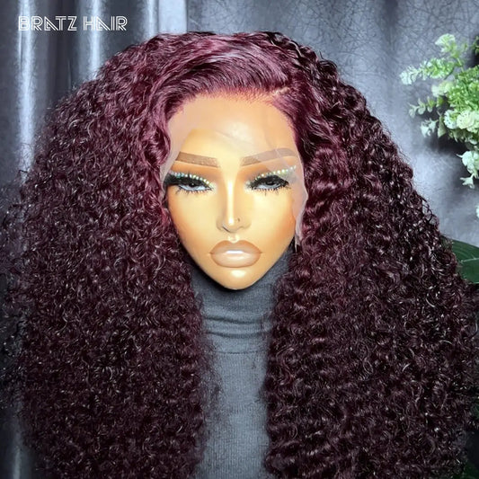 Perruque sans colle haute densité couleur bordeaux 400, 100 % cheveux humains, frisés, 13x6, avec dentelle frontale, brésilienne, pré-épilée, couleur bordeaux 99J