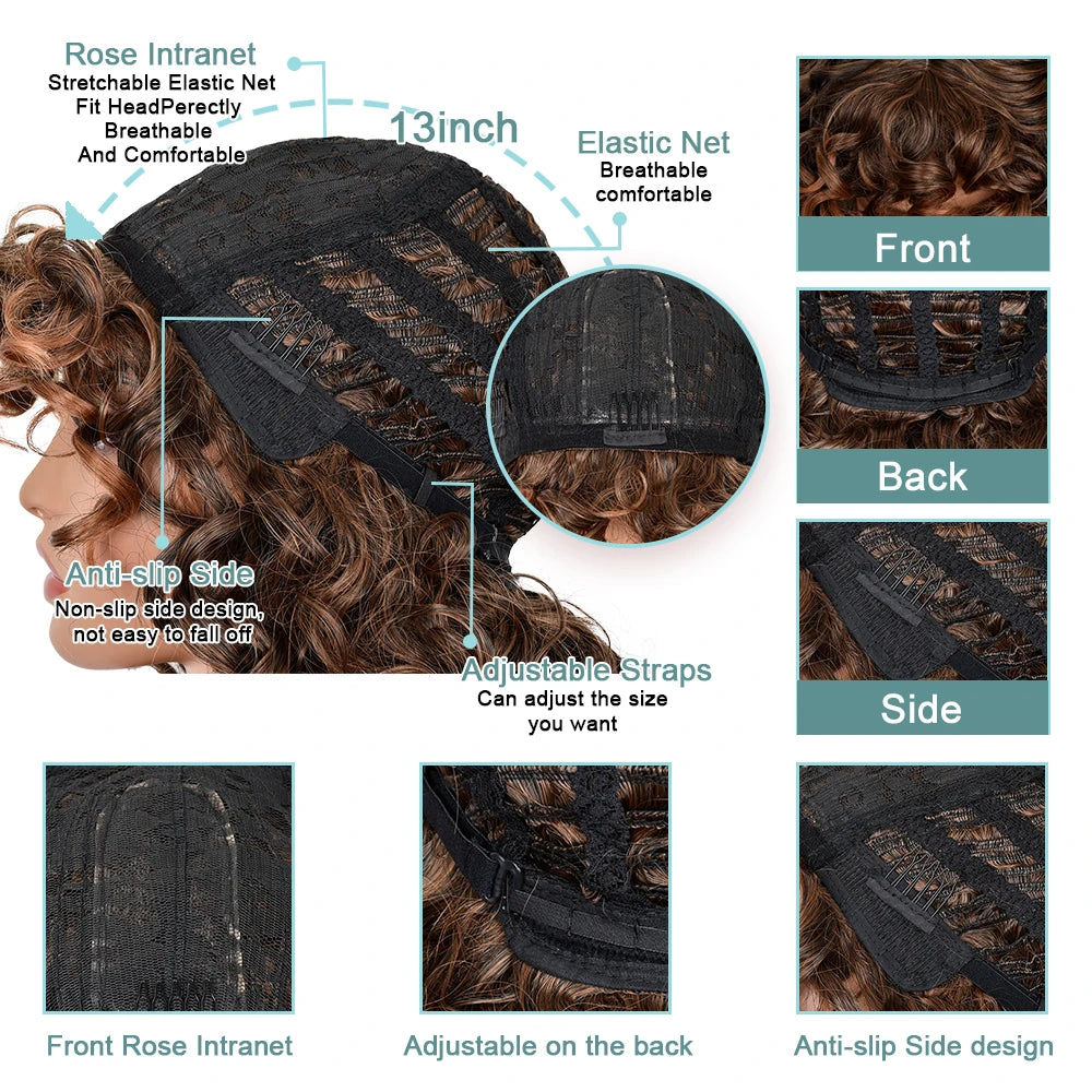 Perruque synthétique longue et bouclée avec frange pour femme, cheveux roux roux, style naturel, résistant à la chaleur, style cosplay, Hihoo
