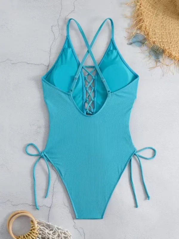 Aoaiiys Maillot de bain dos nu pour femme, monokini ajouré, lacé, string sexy, été 2025, plage, couleur unie, tendance