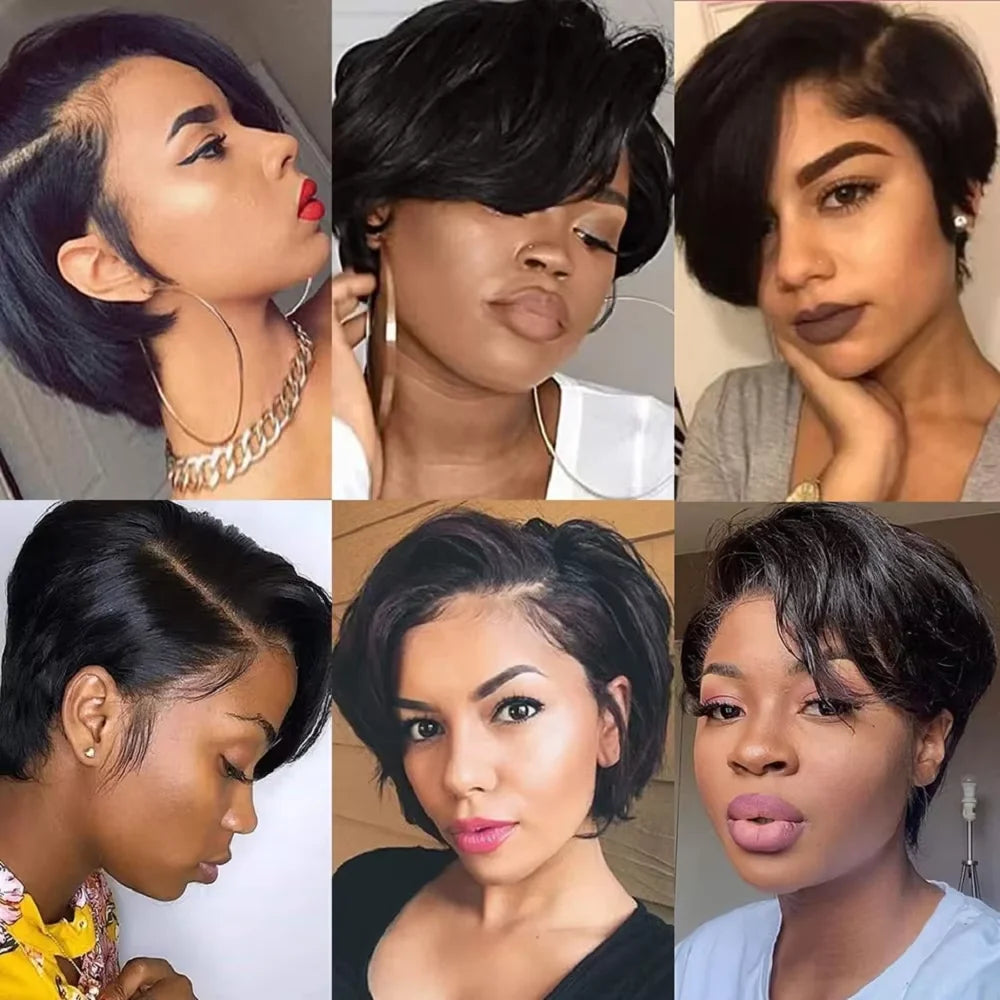 Perruque courte coupe Pixie, cheveux humains, coupe Bob, dentelle transparente, raie sur le côté, pour femmes, 13x4