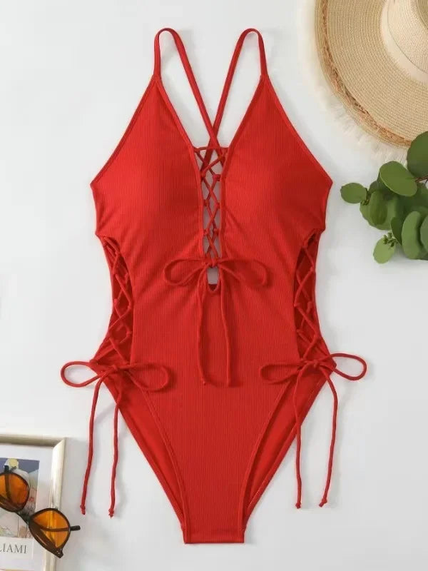 Aoaiiys Maillot de bain dos nu pour femme, monokini ajouré, lacé, string sexy, été 2025, plage, couleur unie, tendance