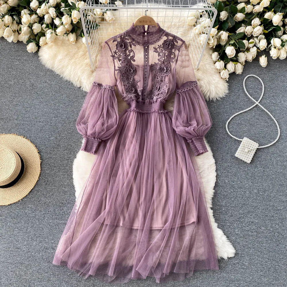 Robe pour femme, motif floral tridimensionnel, col montant, manches lanternes, taille haute, coupe ajustée