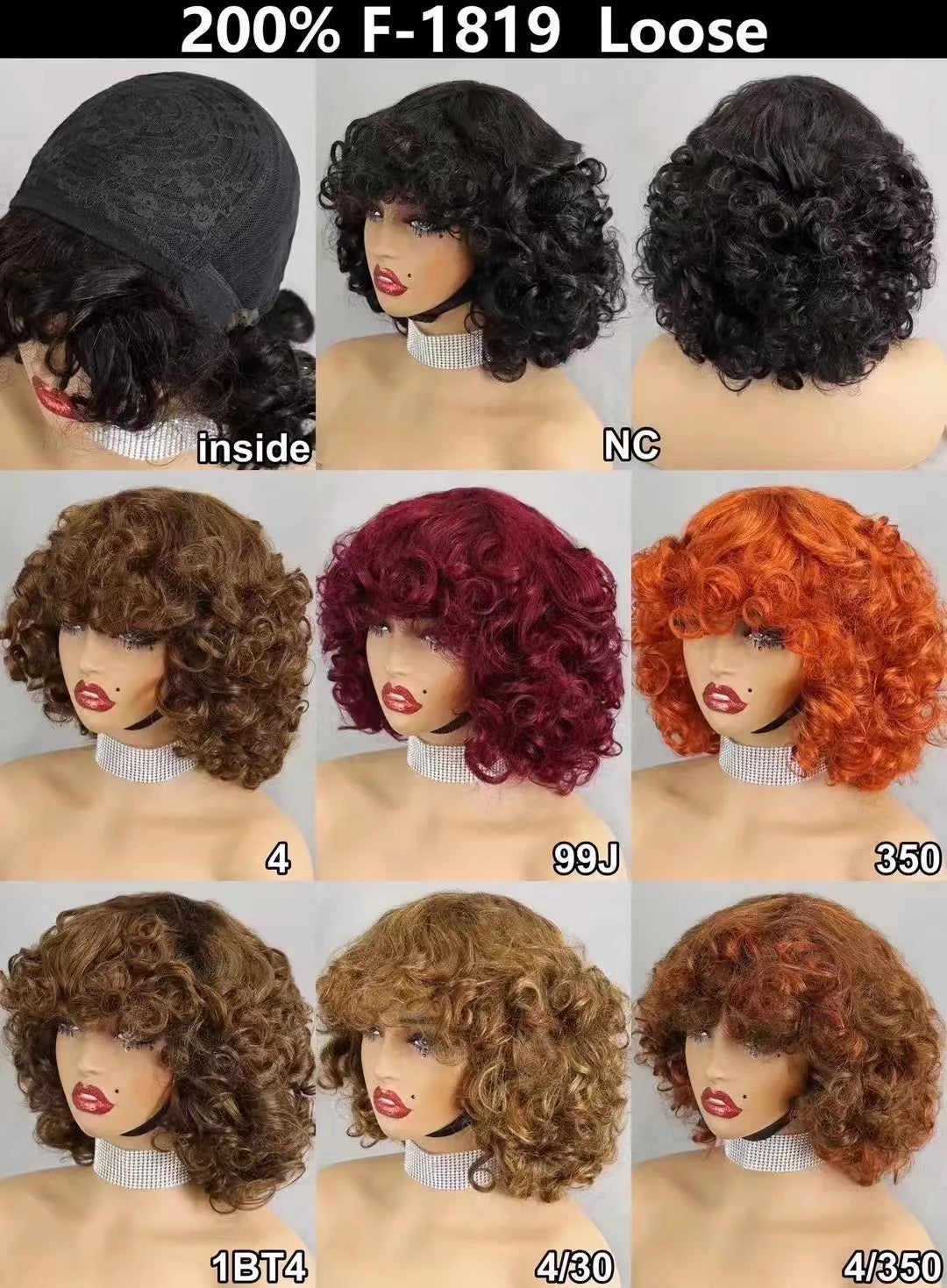 Perruques de cheveux humains bouclés et rebondissants bordeaux 99J #, densité 200 %, avec frange, courtes, bouclées et lâches, fabriquées à la machine, pré-épilées pour femmes