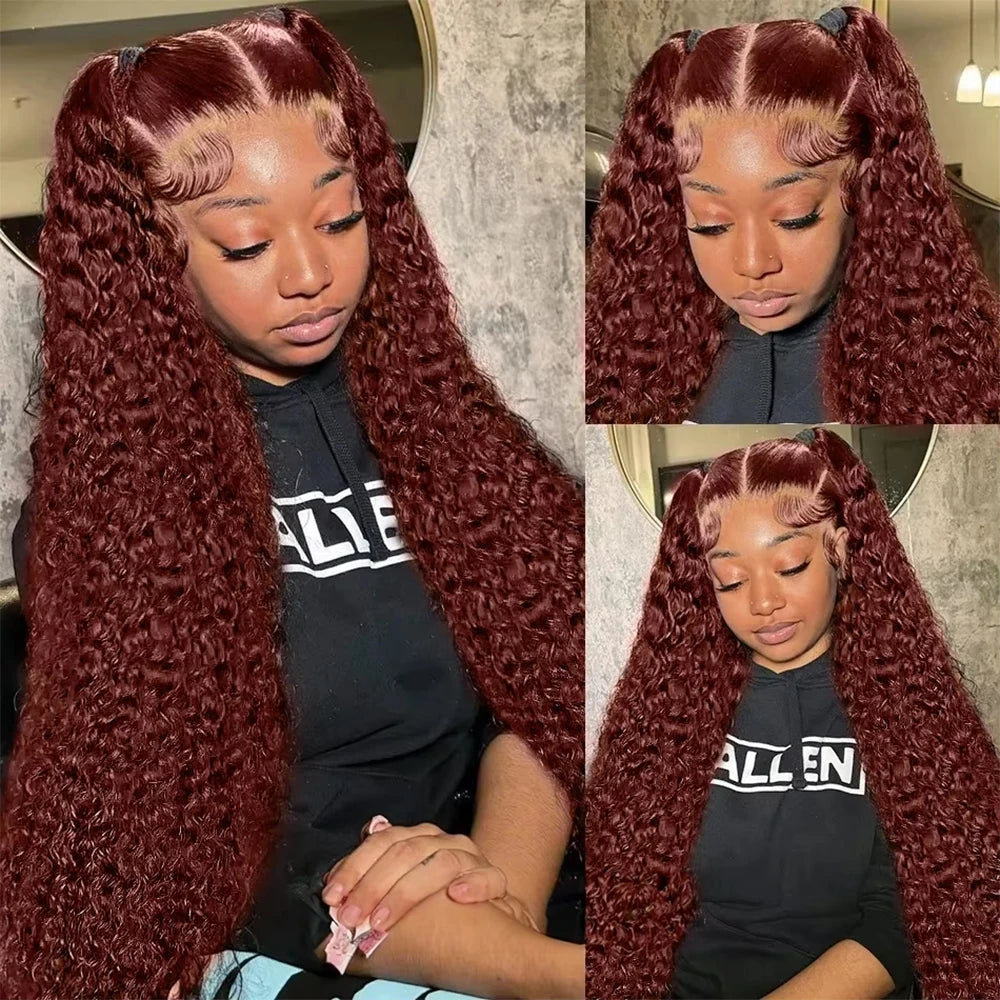 Perruque Lace Frontal Wig 220 % Deep Wave sans colle, cheveux humains bouclés, brun rougeâtre, 13x4, 7x5, pré-épilée, pré-coupée, pour femmes