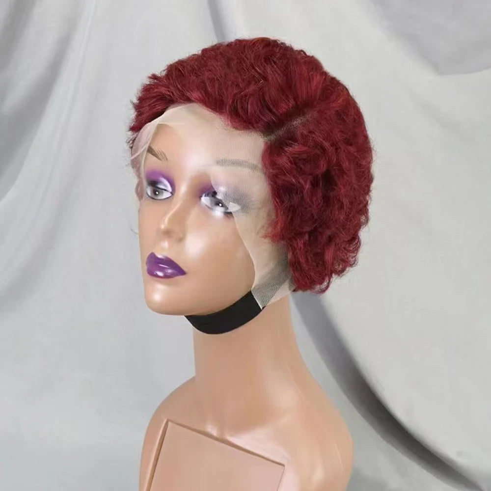 Perruques de cheveux humains bouclés avec dentelle frontale 13x4, coupe Pixie courte, couleur 99J, densité 180 % pour femmes noires