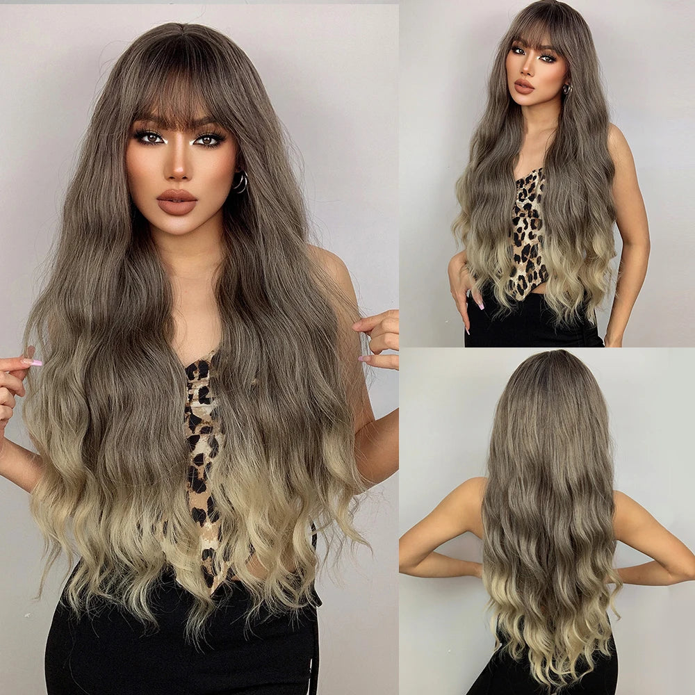Perruques synthétiques longues bouclées gris cendré platine avec frange pour femmes, perruque afro ondulée profonde, perruque Lolita Cosplay, cheveux naturels résistants à la chaleur