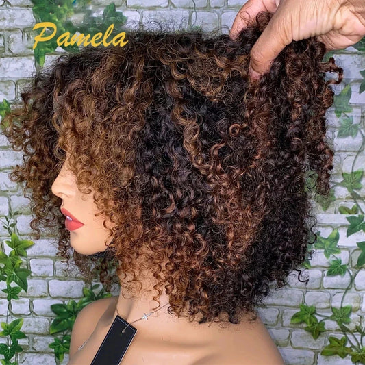 Perruques de cheveux humains courts bouclés sans colle, blond ombré, densité 250 %, perruques de princesse prêtes à porter avec dentelle frontale