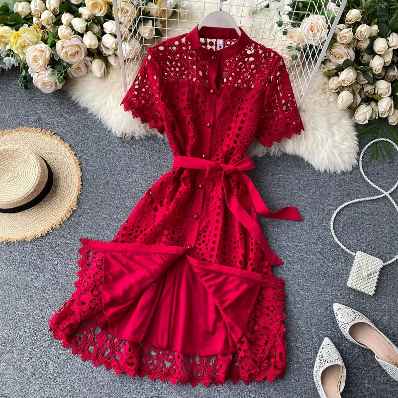 Robe vintage française en dentelle à col rond et manches courtes, style décontracté, à la mode, printemps/été