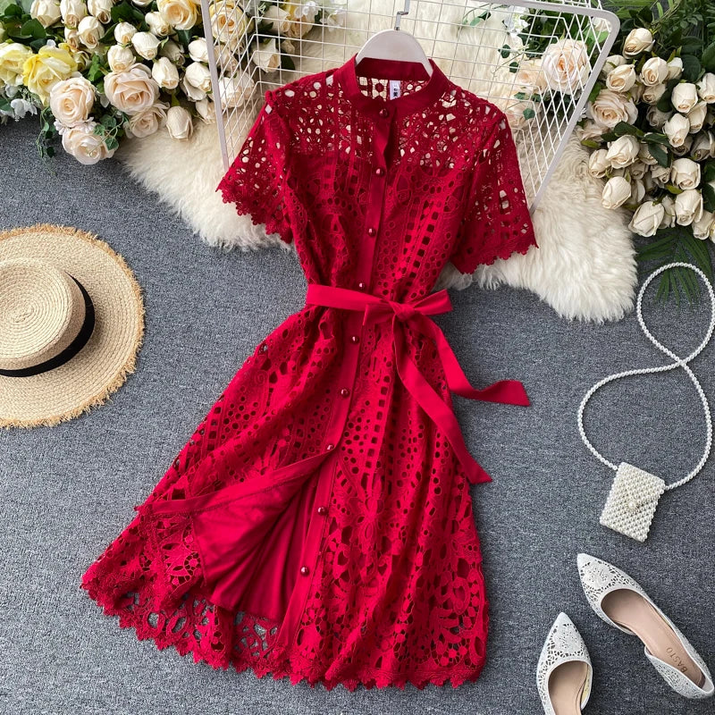 Robe vintage française en dentelle à col rond et manches courtes, style décontracté, à la mode, printemps/été