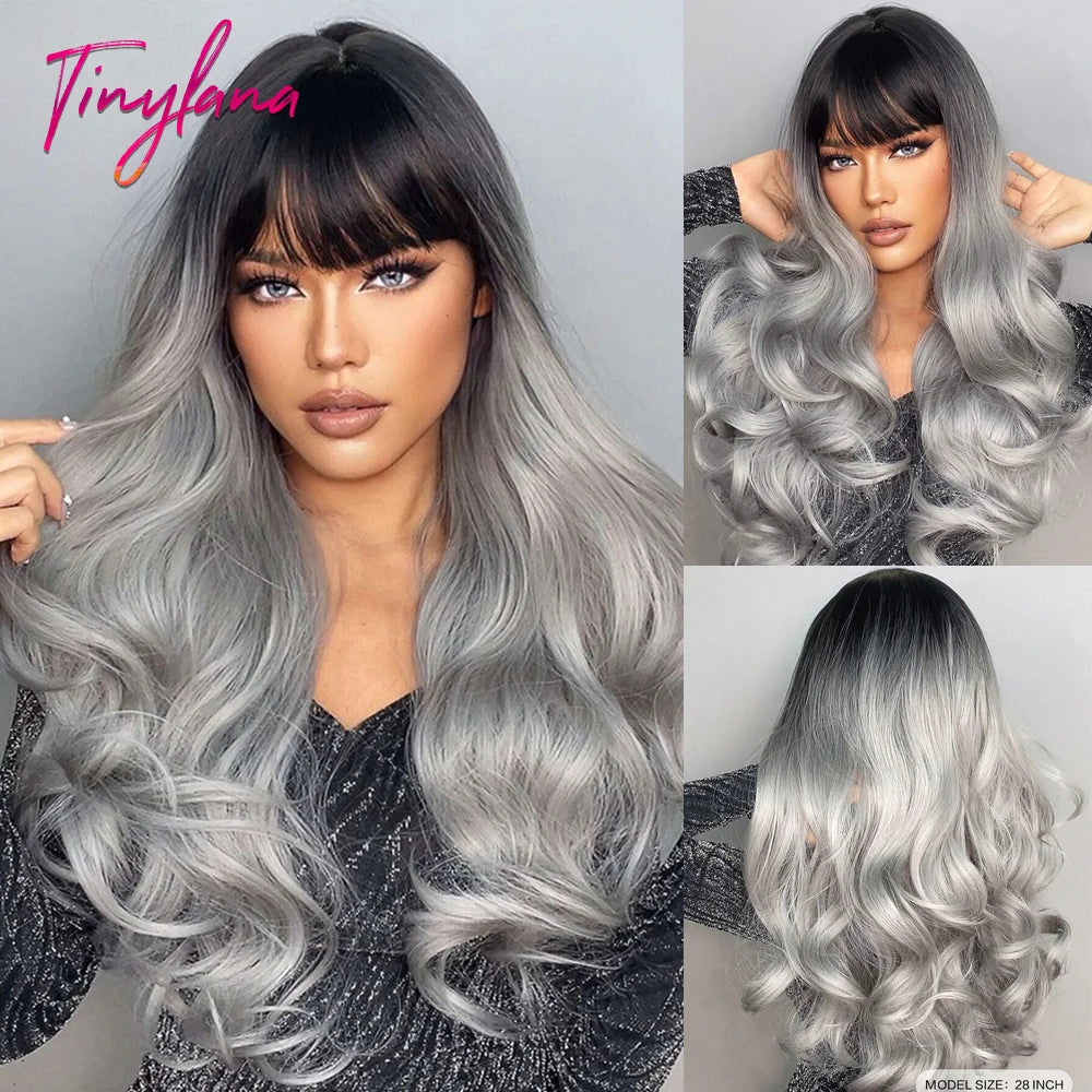 Perruques synthétiques longues bouclées gris cendré platine avec frange pour femmes, perruque afro ondulée profonde, perruque Lolita Cosplay, cheveux naturels résistants à la chaleur
