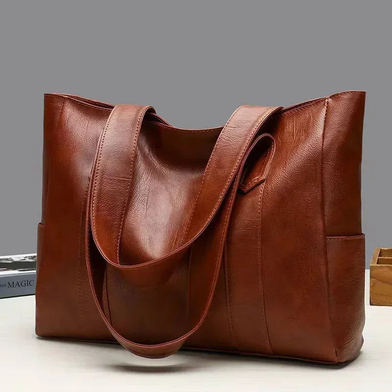 Grand sac cartable en cuir souple pour femme, classique, couleur unie, simple, décontracté, grande capacité, fourre-tout, sac à bandoulière simple