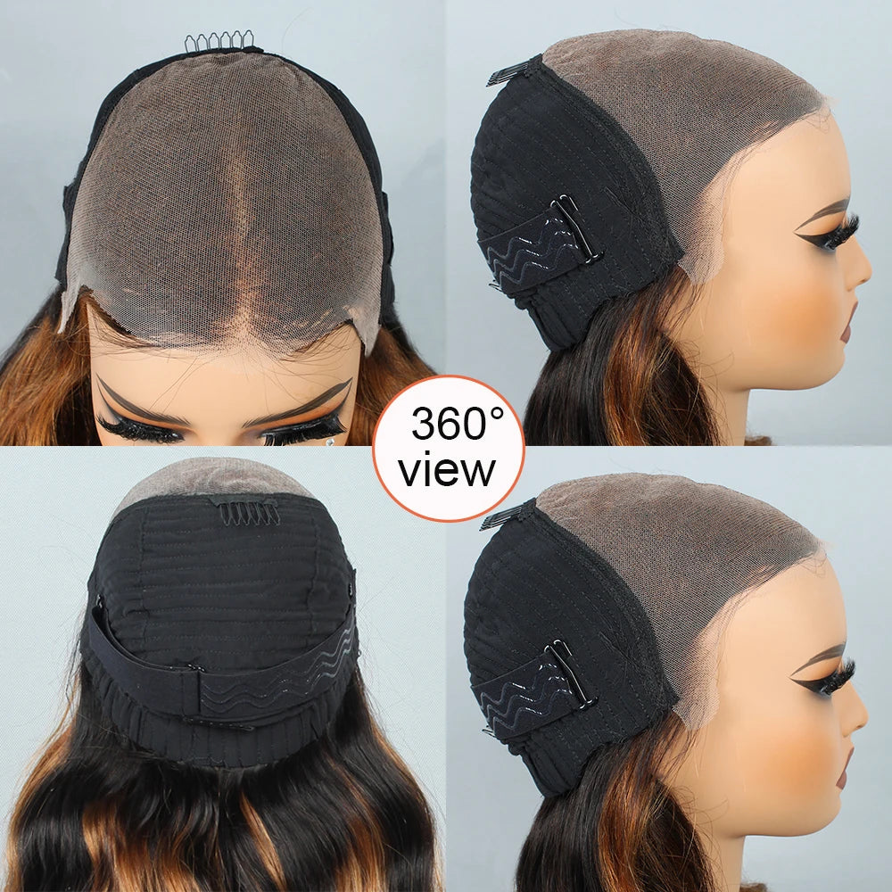Perruques sans colle 9x6 Wear and Go en cheveux humains pré-épilés, pré-coupés, dentelle frontale 1B/30, mèches ombrées, ondulées