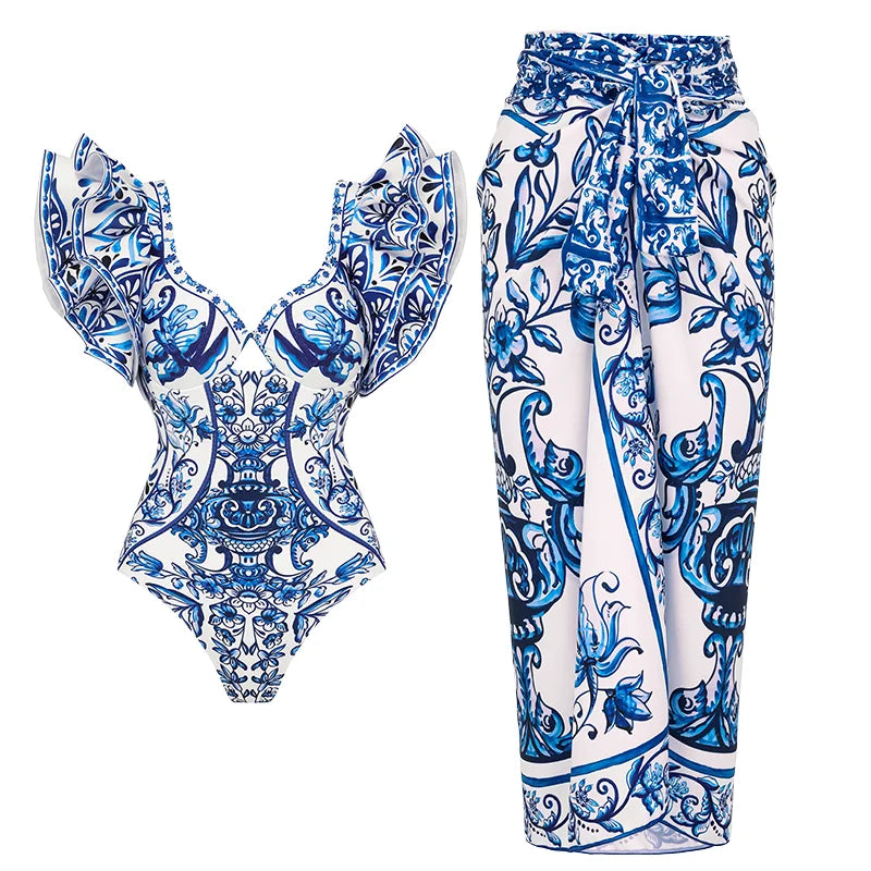 Maillot de bain et paréo imprimé vintage Flaxmaker 2025 pour femmes, élégant, sans manches, pour l'été