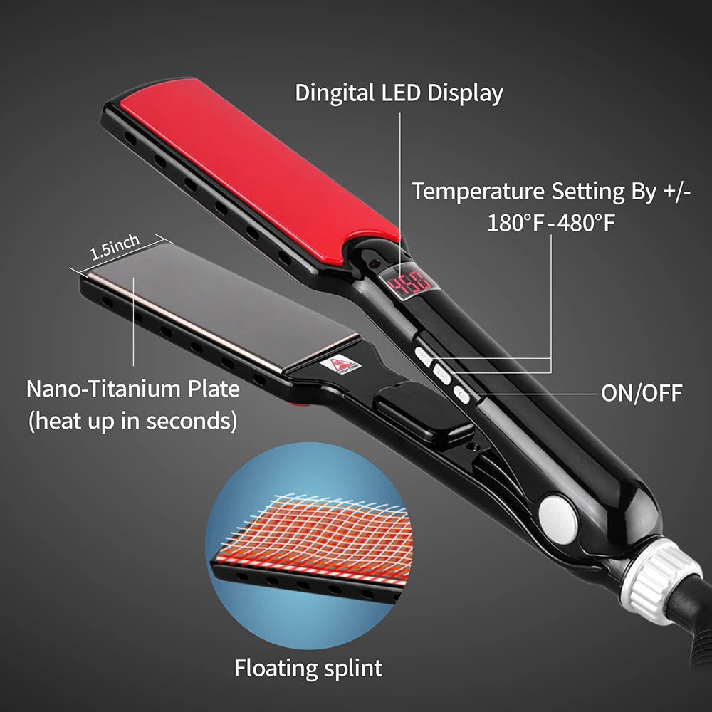 Fer à lisser professionnel en titane 480 °F, plaques larges, haute température, traitement PTC, fer plat et brosse