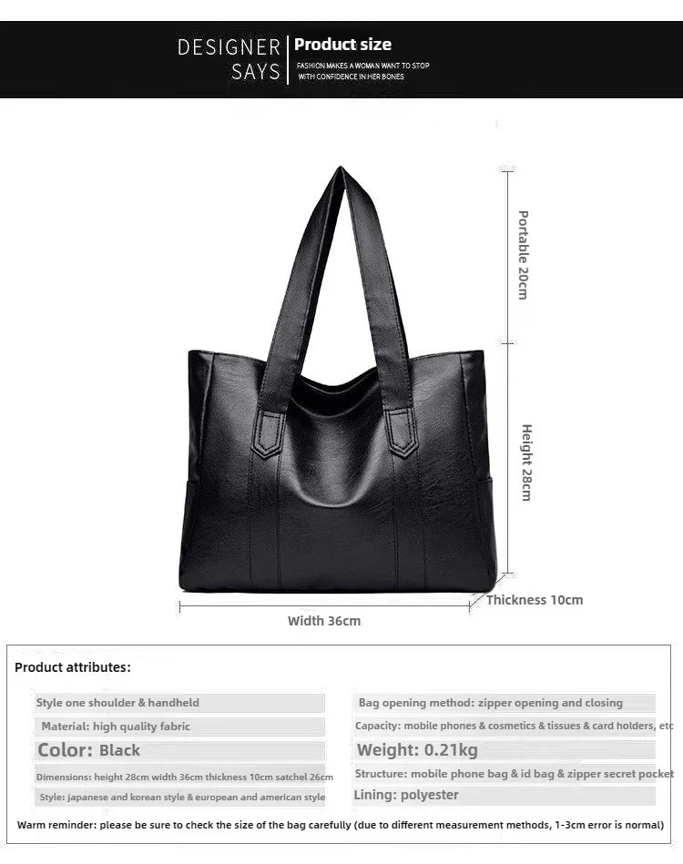 Grand sac cartable en cuir souple pour femme, classique, couleur unie, simple, décontracté, grande capacité, fourre-tout, sac à bandoulière simple
